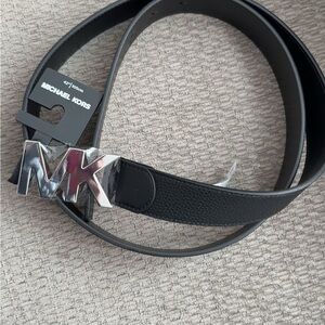 Michael Kors Black Leather Belt with Silver MK Buckle